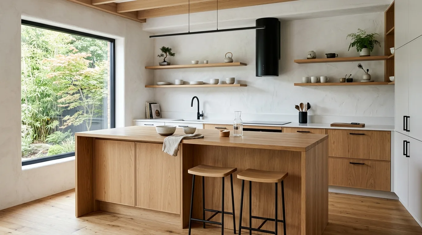 Let natural light do most of the visual work inspiration for a Japandi kitchen.
